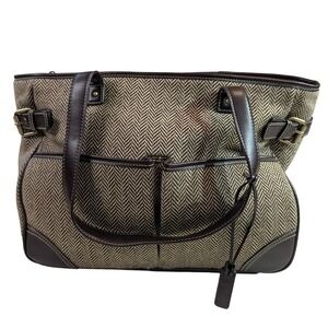 Chaps Herringbone Tote Bag Brown Leather Trim Shoulder Bag